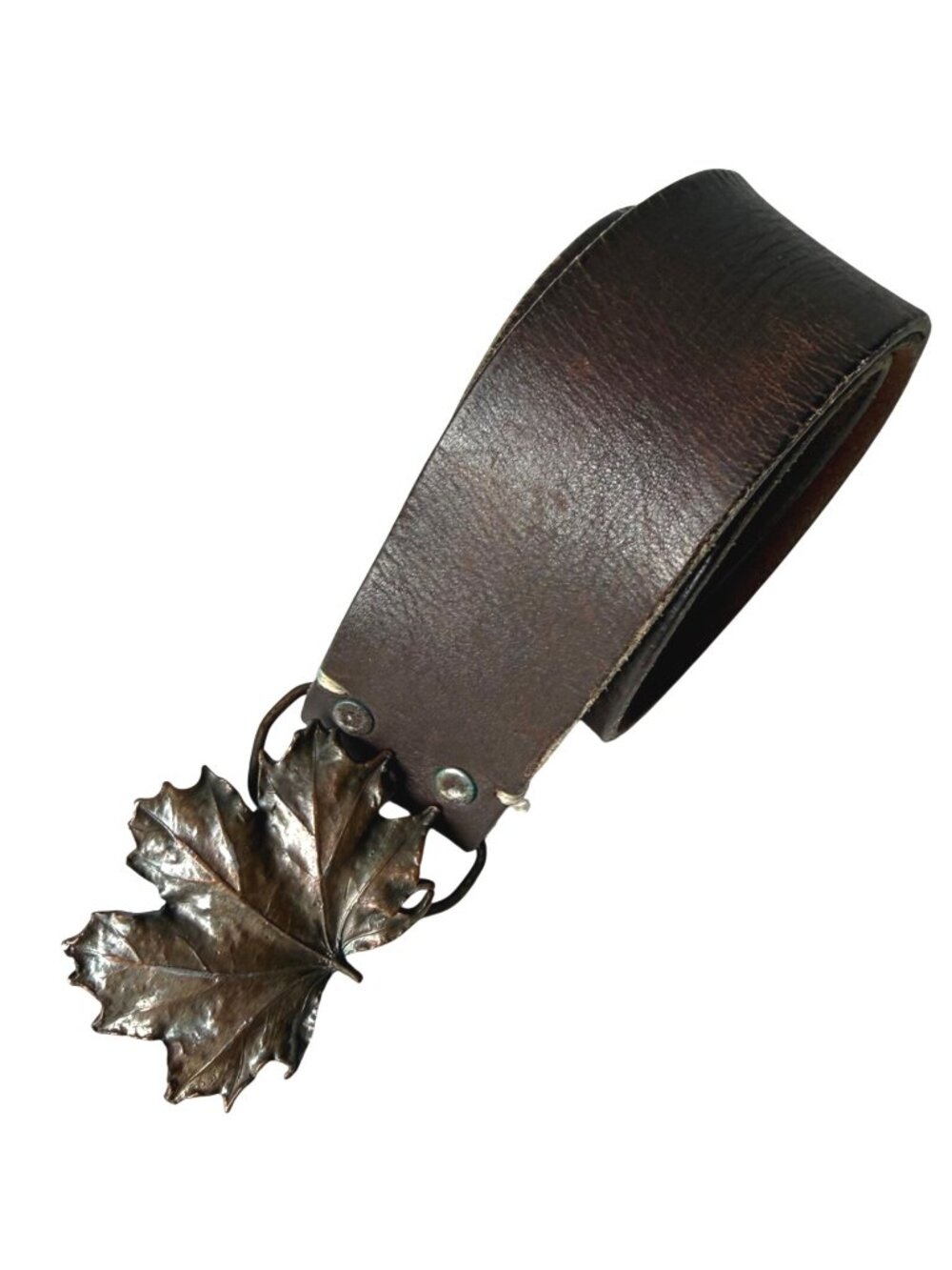 Vintage 1974 Bergamot Brass Works Maple Leaf Buckle Leather Belt 38 inches